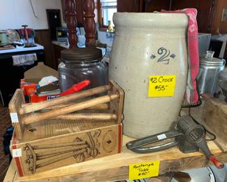 Antique 2 gallon crock, hand grater, coffee jar, nut cracker