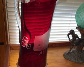 VERY RARE - TALL RUBY RED PITCHER WITH ETCHED "ALAMO" - TRY AND FIND ANOTHER ONE!