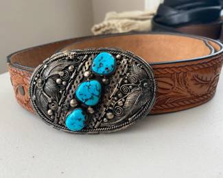 Navajo Sterling Silver Turquoise belt buckle by Melvin Thompson