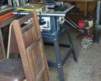 TABLE SAW, GAS TILLER, TOOLS, BOOKS