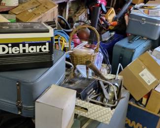 LUGGAGE + LOTS OF BOXES WITH HOUSEHOLD, GARAGE & KITCHEN ITEMS