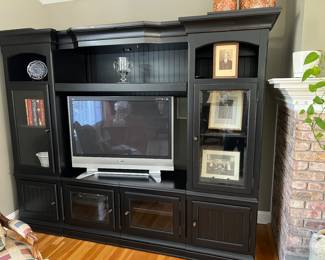 Black 3 piece wall unit with lights, 2 extra shelves 98" w x 77" h x 22" d
