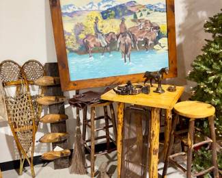 Cowboy Western Cabin Painting, Snowshoes + Bistro Table w/Stools Etc