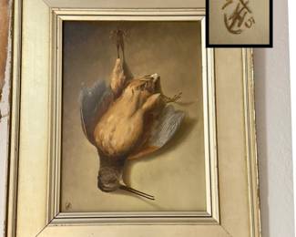 Oil on Artist Board 25x11
Dead Game:Bird / c1875
Back Stamp says ‘Mullers, Paris
Monogram L/L ‘7H5’