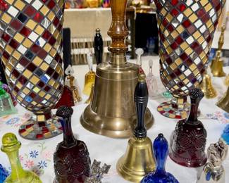 Large Bell Collection Brass & Glass Many vintage