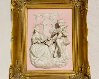 Pair Meissen Dresden Bisque Plaques
Each 9” x 6 1/2”
Framed size 13 1/2” x 10 1/2”
Lovers seated / marked scenes from Castle part of Sanssouce from 1750