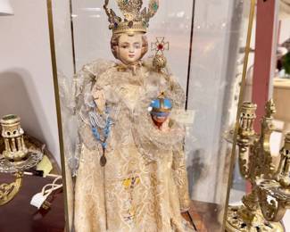 Infant of Prague c1940 w/Rosary & Glass Case