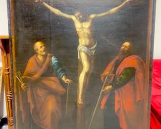 Oil Painting on canvas CHRIST on
CROSS Crucifixion Large 60 “ x 54. “ Dated 1639 at bottom left ,,,Very Good Quality Probably Spanish / Unsigned /Unframed …Figures are St Peter & St Paul