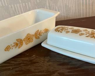 pyrex butterfly gold butter dish and meatloaf pan