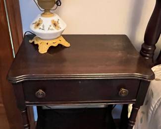 primitive table and vintage lamp