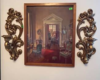Victorian them litho and mid century sconces