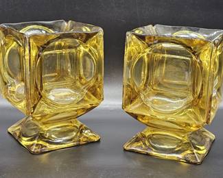Pair Vintage Mid Century Amber Glass Votives