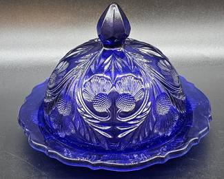 Cobalt Blue Pressed Glass Butter / Cheese Dome