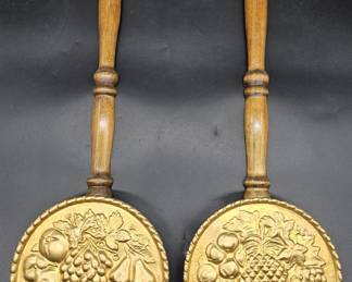 Pair Antique Wood & Brass Bed Warmers