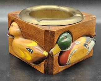 Vintage Wood & Brass Ashtray w/ Carved Ducks
