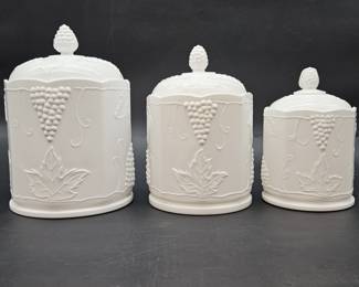 3- White Milk Glass Canisters w/ Grape & Vine