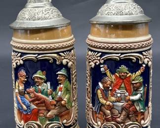 Pair German Beer Steins w/ Pewter Lids