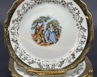 (5) Vintage China Plates w/ Galant Scene & 22k Gold Plating on Rim