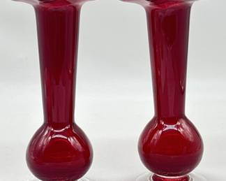 Pair Heavy Ruby Red 8in Ruffled Vases
