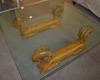 Double Ram Head Wood Base Coffee Table