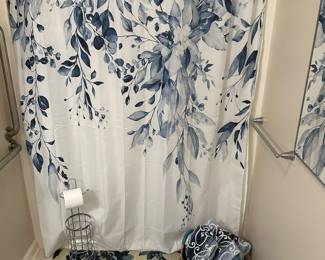Bathroom set, shower curtain, rug, bath towels