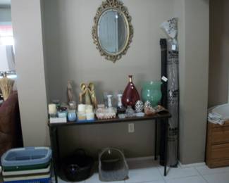 candles, upholstery fabric, baskets, mirror, glass decor