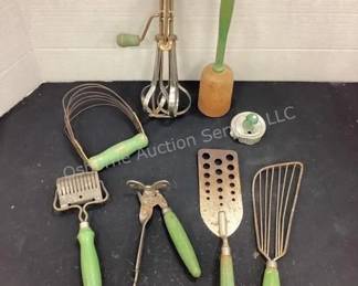 Green handled vintage kitchen goods