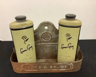 Vintage comb & brush shelf; tins