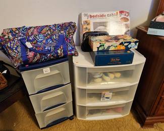 Sterilite plastic chests - at least 10 in the house.