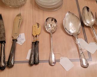 2pc WMF German Silver Plate Cheese Chtter & Pusher Deco Pattern with Gold Washed Blades c 1910-1925, and Christofle Silver Plate Serving Pieces Pastry, Serving Spoon, Salad Set, Old Marly Chrysanthem Mid -Late 1800's.