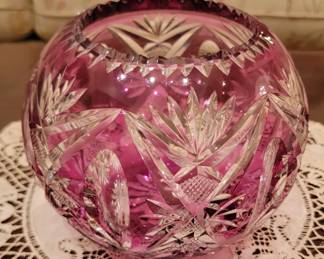 Crystal Cranberry Cut To Clear Rose Bowl