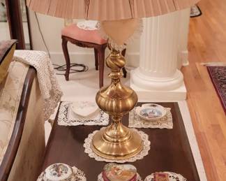 1 of two Matching Mahogany End Tables and Lamps