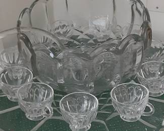 Punch Bowl, Tray, Cups, Glass Ladle