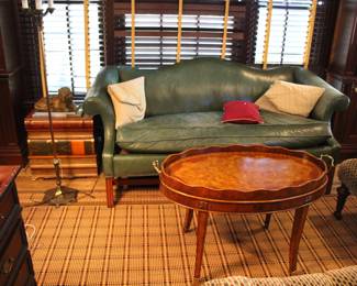 Harden leather camelback sofa  & Maitland Smith tray top coffee table