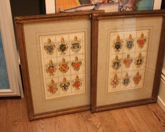 Pair vintage family crest etchings