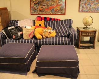Family room sofa and pair ottomans 
