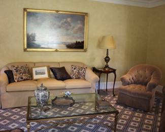 Edward Ferrell Ltd upholstered sofa & pair easy chairs