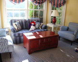 Playroom - pair blue & white armchairs, comfy settee