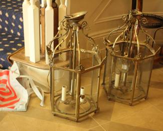 Pair Vaughan bronze & glass hanging fixtures