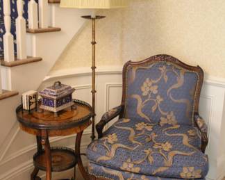 Edward Ferrell bergere chair & Theodore Alexander side table