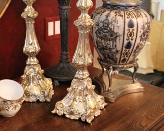 Pair silverplate antique candlesticks, Decorative Crafts covered jar