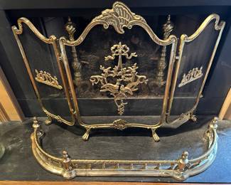 Brass fireplace fender and screen