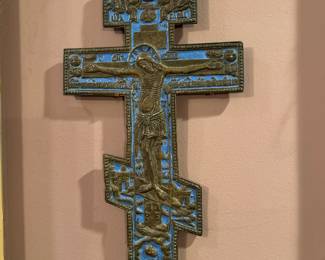 Late 18th early 19thc. Russian crucifix with blue enamel