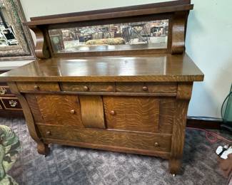 Large Empire Oak Sideboard w/ Mirrored Backsplash