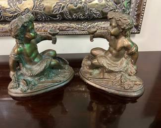 Bronze Cherubs Drinking Wine - Signed 