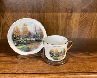 Thomas Kinkade Cup & Saucer Set with Display Stand "Find Comfort in Faith"