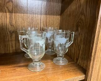 Libbey Clear Map / Globe Etched Glass Cafe Coffee Mugs