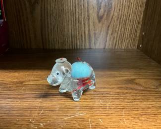 Miniature Clear Glass Pincushion Dog - Blue Pincushion 