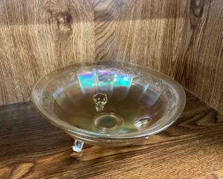 Orange/clear Carnival Glass Ribbon Design - 3 Footed Iridescent Bowl