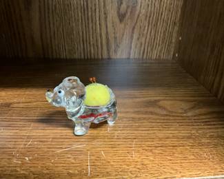 Miniature Clear Glass Pincushion Dog - Yellow Pincushion 